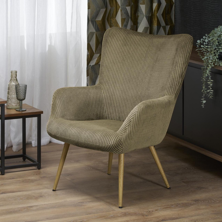 Fauteuil lounge velours olive — Style Jens Risom